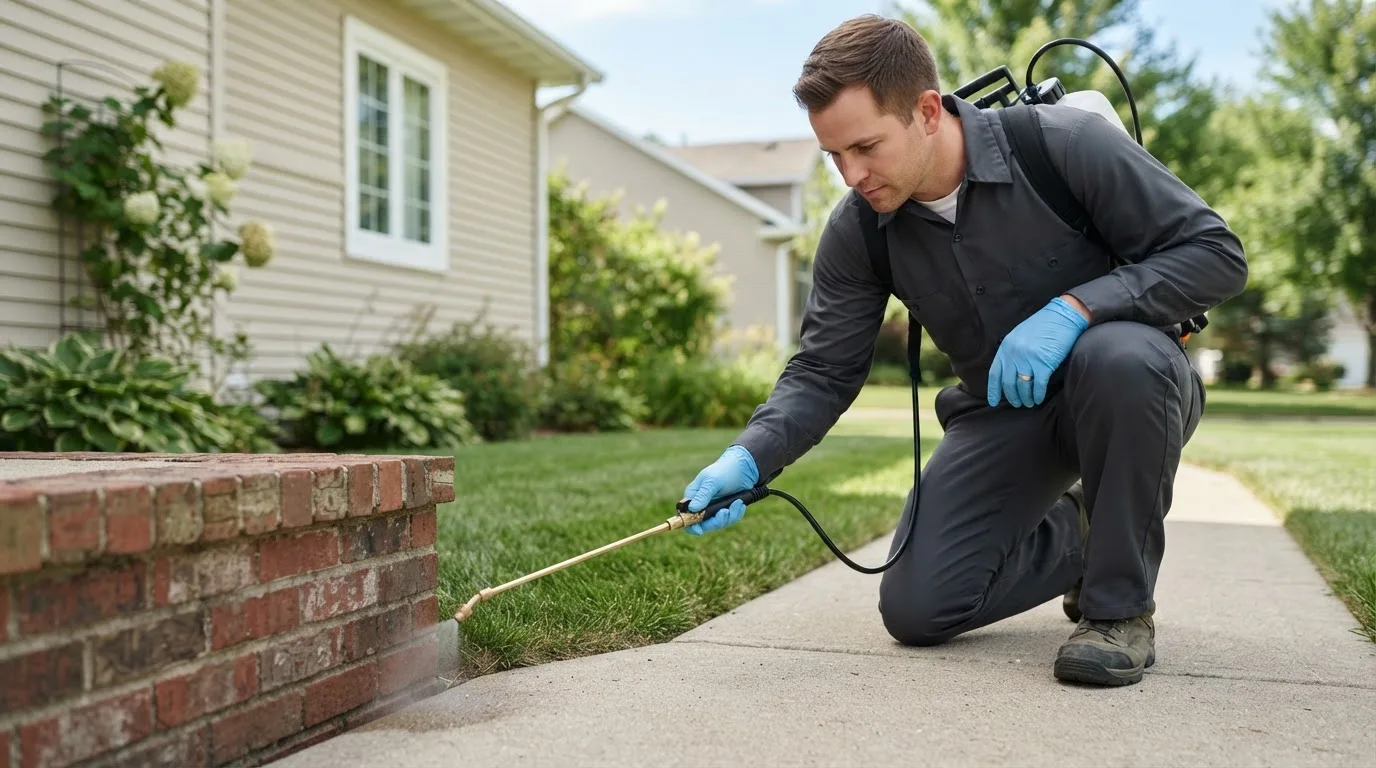 Pest control technician treating a home near Idalia, CO