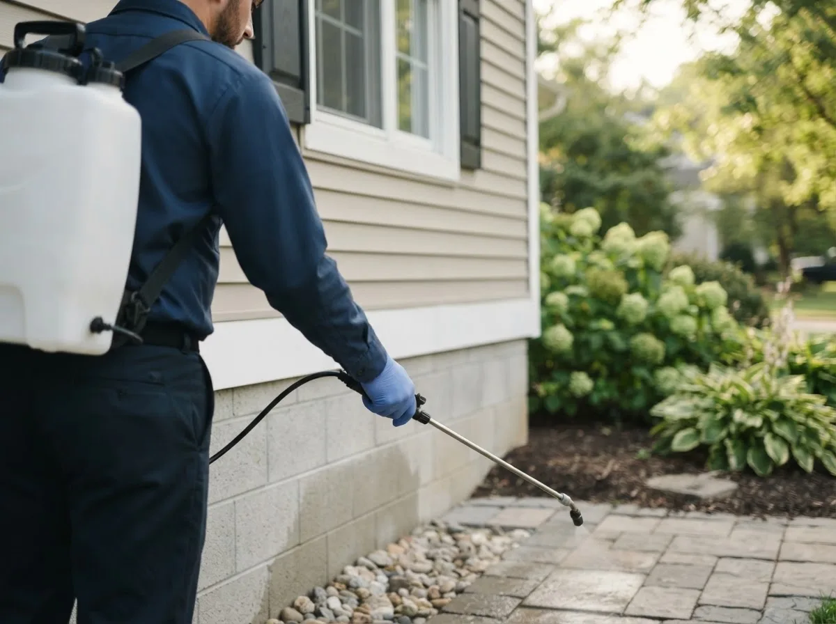 Pest control technician inspecting a home in Idalia, CO